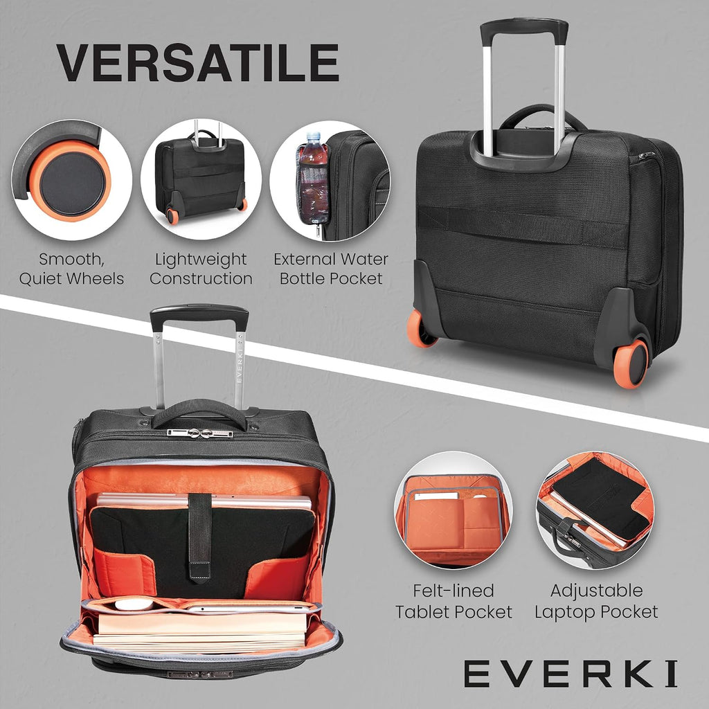 EVERKI Journey 16-Inch Laptop Trolley Rolling Briefcase for Business Professionals – Travel-Friendly Carry-On Laptop Bag, Lightweight Office Bag with Wheels, Roller Laptop Briefcase, Black (EKB440)