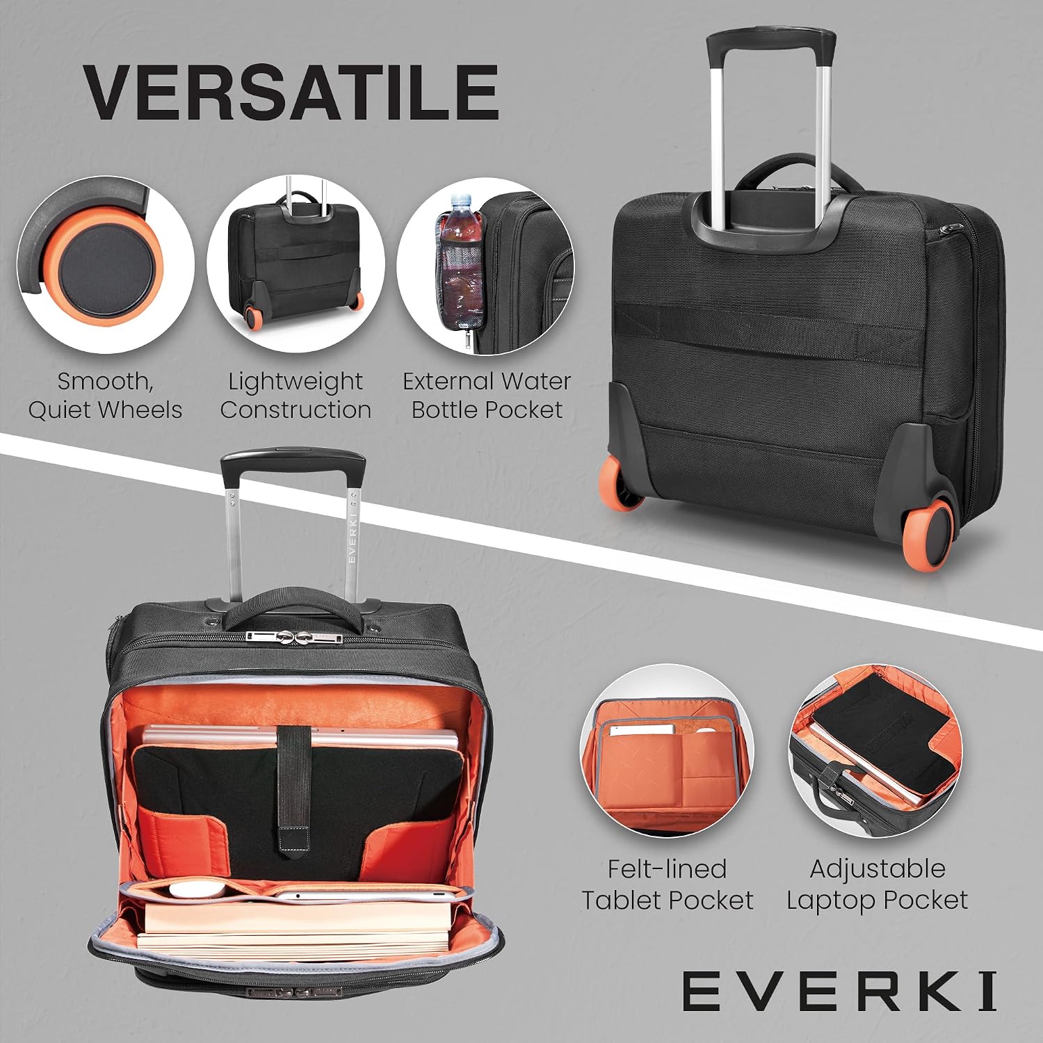 EVERKI Journey 16-Inch Laptop Trolley Rolling Briefcase for Business Professionals – Travel-Friendly Carry-On Laptop Bag, Lightweight Office Bag with Wheels, Roller Laptop Briefcase, Black (EKB440)