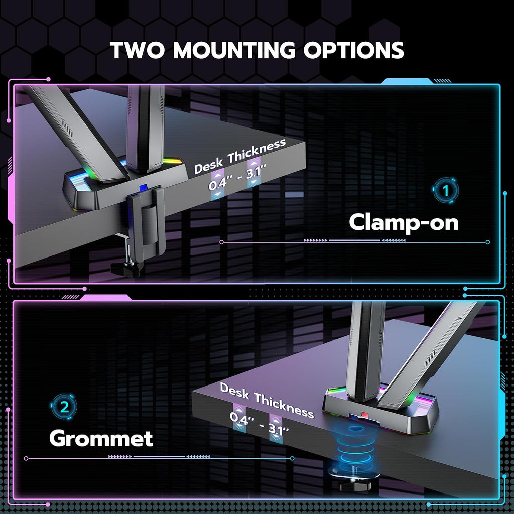 ARES WING RGB Dual Monitor Arm for 17-38' Ultrawide Screens, Holds 35.2lbs, Heavy Duty Dual Monitor Stand for Desk, Adjustable Double Mount with Clamp & Grommet Base, 75/100 VESA Mount, Gray