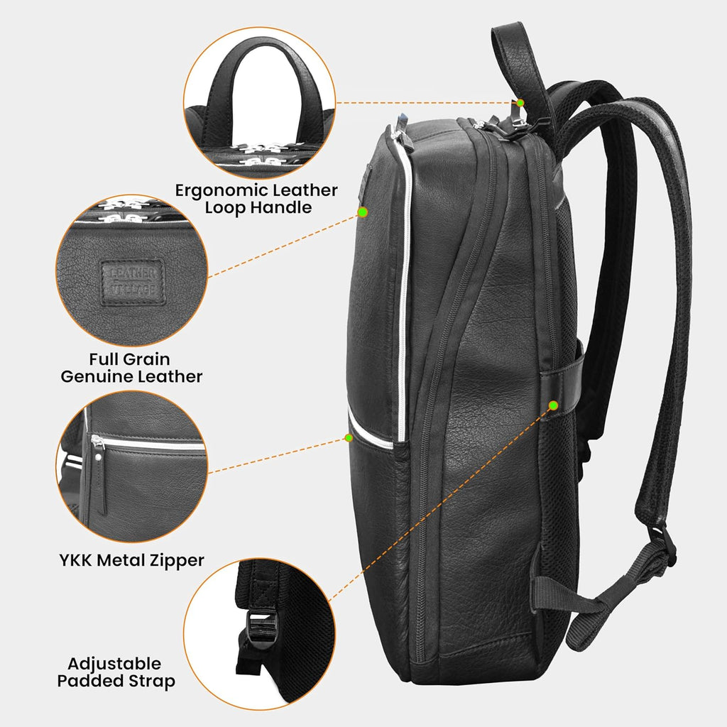 LEATHER VILLAGE Leather Laptop Backpack for Men | Black | Slim Professional Business Bag Fits 15.6'-Laptop | Water-Repellent Work & Travel Daypack with Trolley Strap