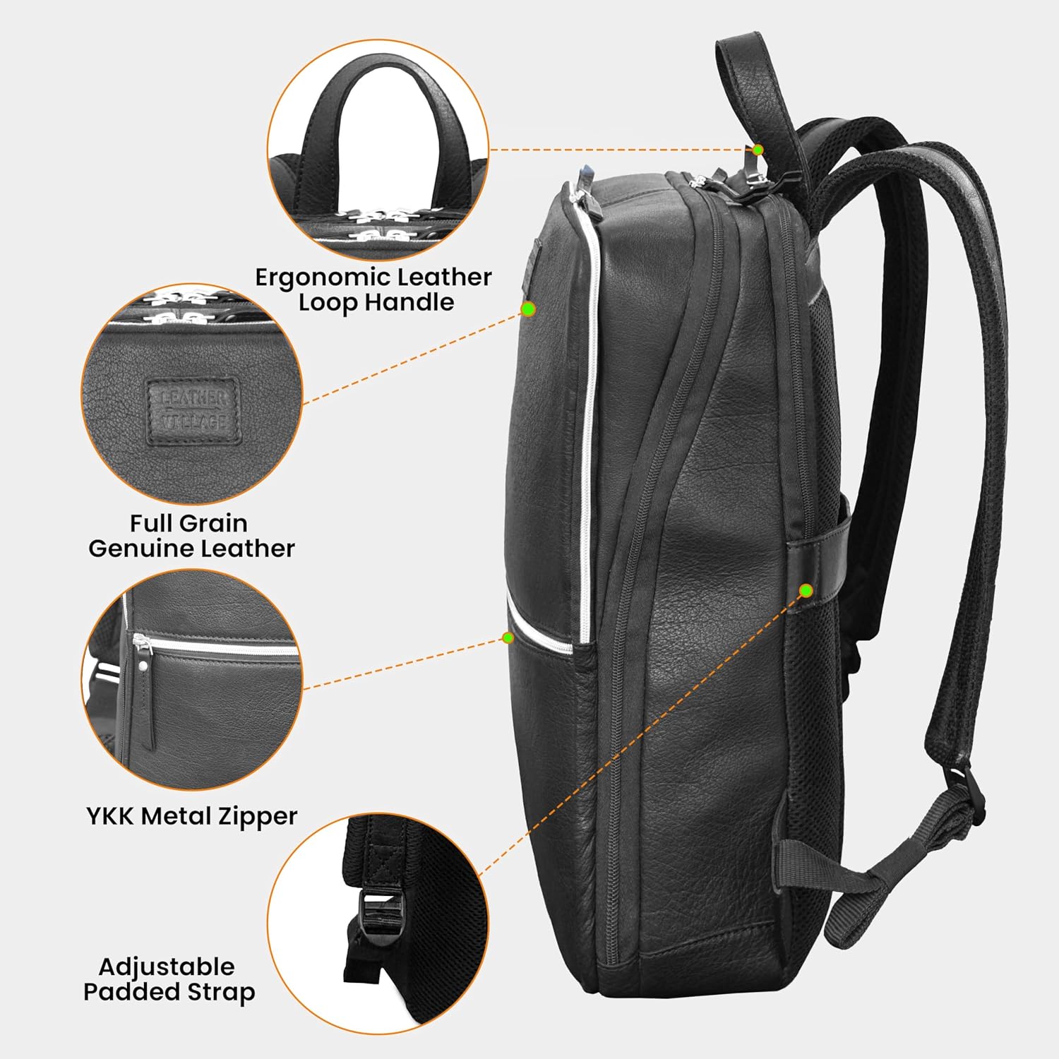 LEATHER VILLAGE Leather Laptop Backpack for Men | Black | Slim Professional Business Bag Fits 15.6'-Laptop | Water-Repellent Work & Travel Daypack with Trolley Strap