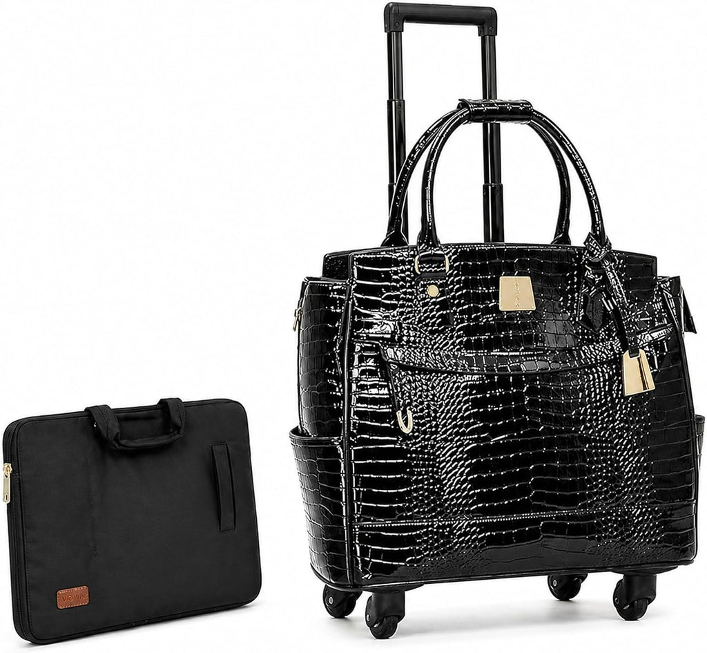 Rolling Laptop Bag for Women with Wheels & Handle Luxury Pure Leather Embossed Work Bag with Laptop Sleeve Travel Briefcase