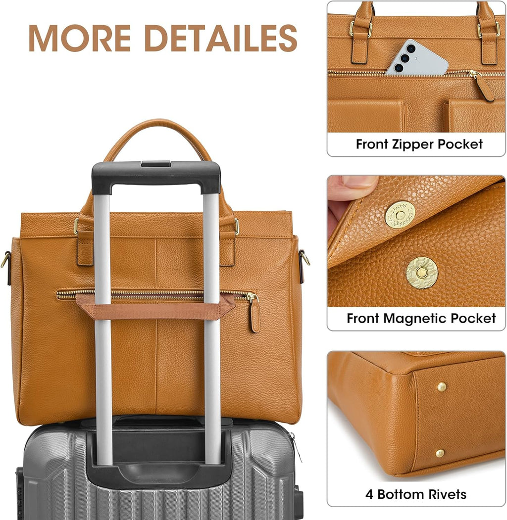 Kattee Leather Briefcase for Women, 15 Inches Laptop Bag, Work Tote with Luggage/Shoulder Strap