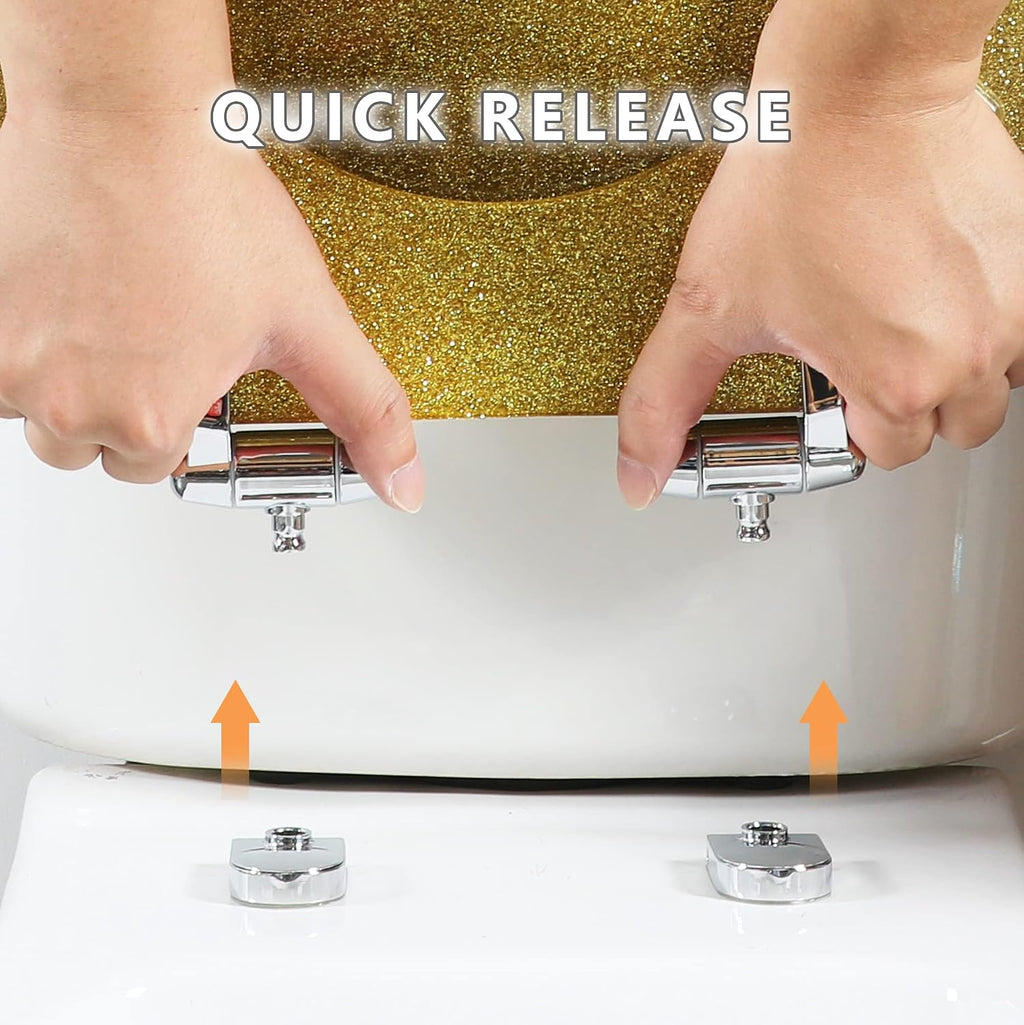 Elongated Resin Toilet Seat with Soft Close, Easy Clean & 360° Adjustable Hinges, Quick Release Heavy Duty Glitter Cover - Silver/Gold