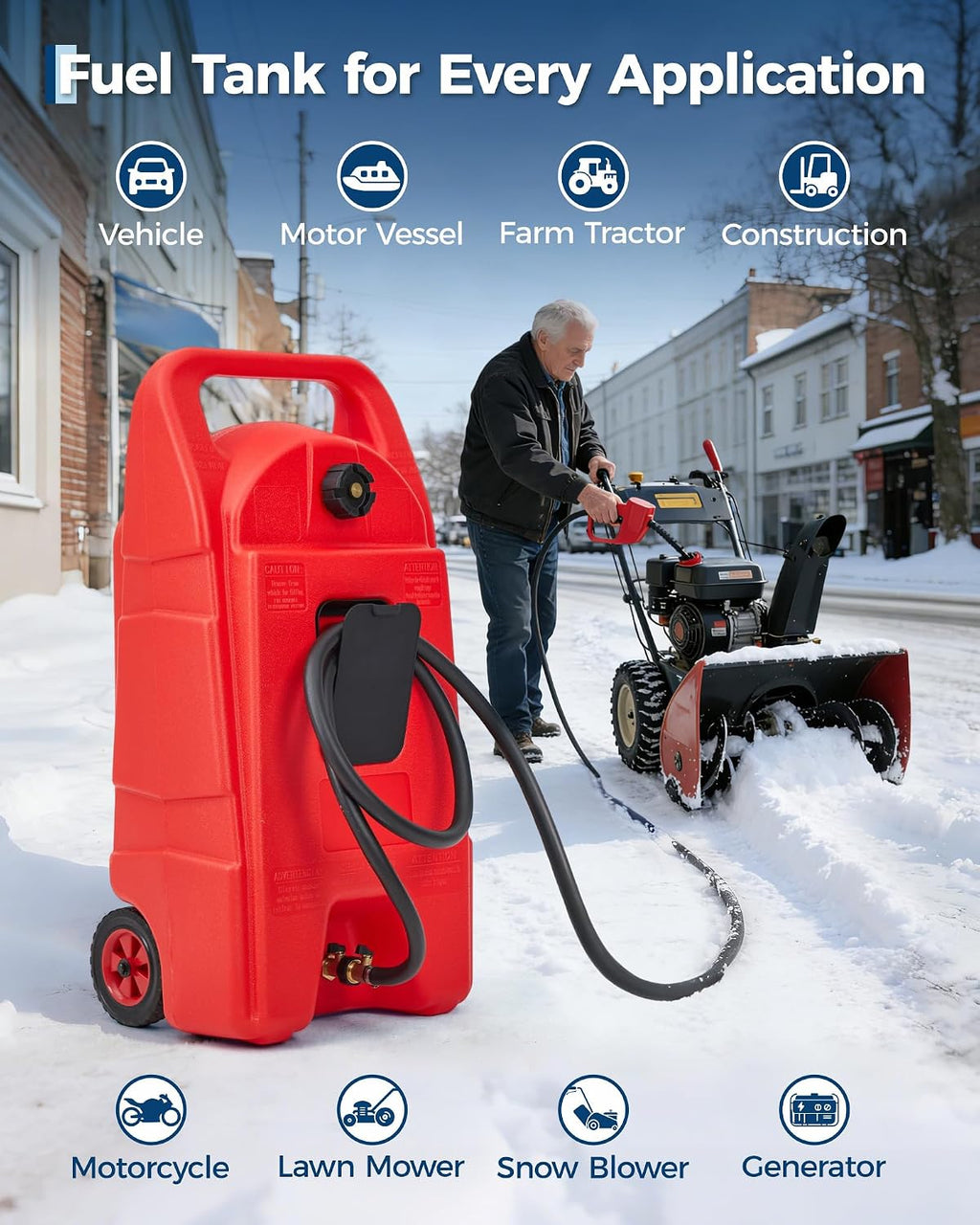 15 Gallon Gas Can, Heavy-Duty Fuel Tank with Manual Transfer Pump & 10FT Hose, Portable Gas Caddy with Wheels, Leak-Proof Gas Container for Lawn Mowers, Cars, Boats, ATVs, Red