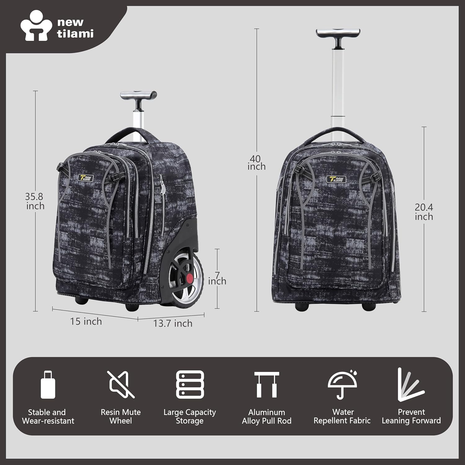 NEW TILAMI 20' Rolling Backpack for Teens Adults, Climbing Stairs Waterproof Backpack with Wheels for School Business Trave Camping with Laptop Compartment, Fit 17 Inch Laptop, Grey Mosaic