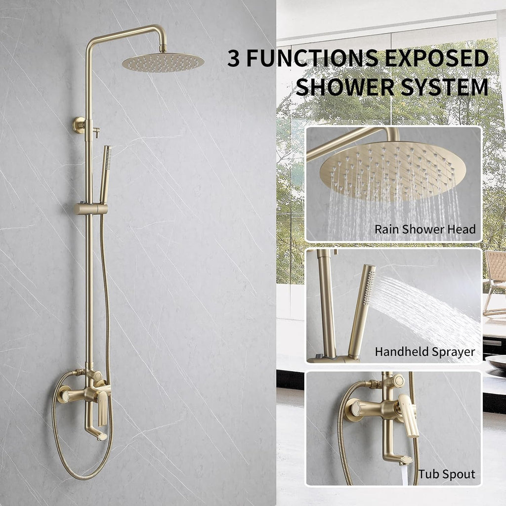 Brushed Gold Exposed Shower Syem with Handheld, 3 Functions Bathtub Shower Faucet Sets with Brass Valve, Shower Fixture with 10-Inch Rainfall Shower Head, Height Adjustable Shower Set
