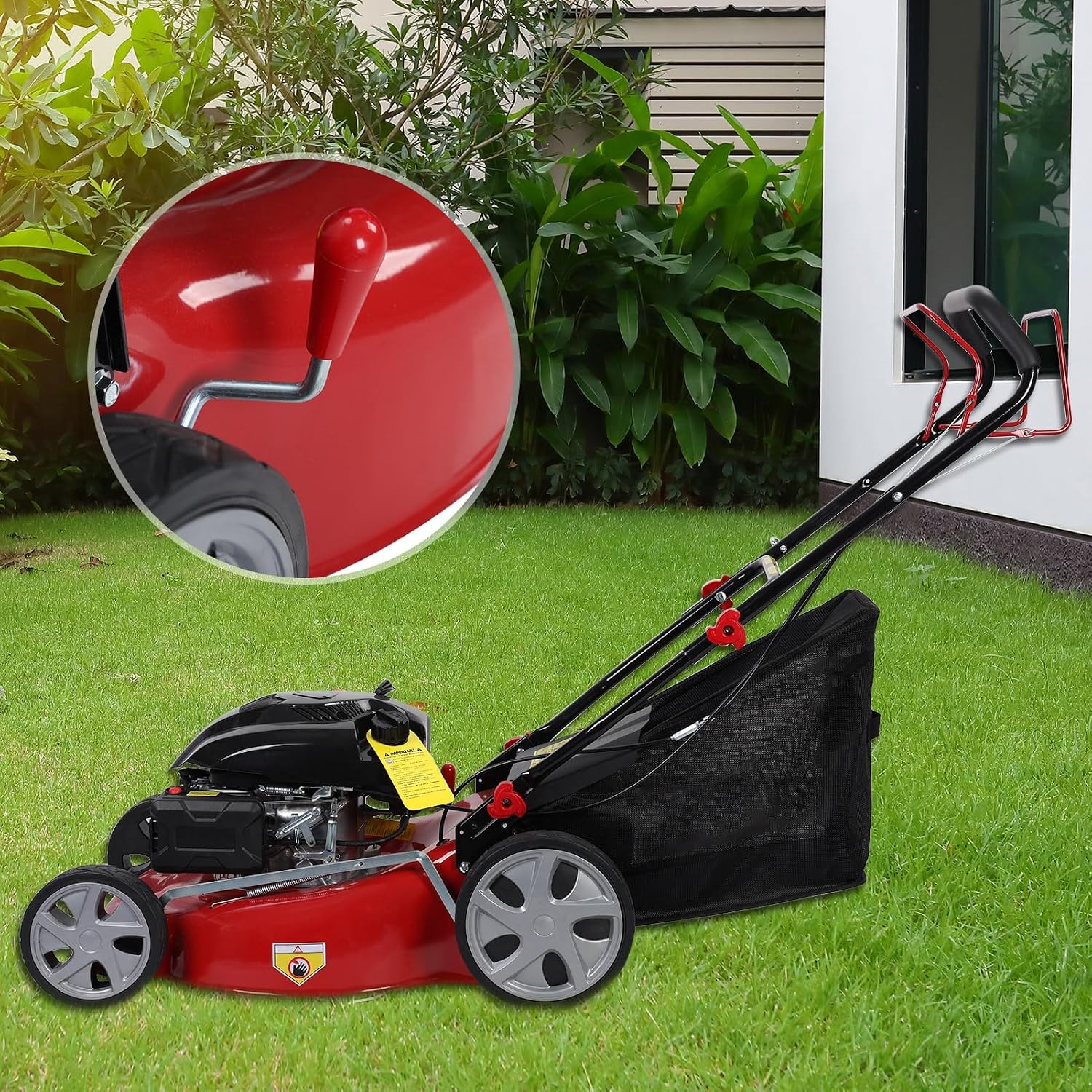 20' 141cc Lawn Mower Gas, 4-Stroke Self Propelled Push Lawn Mower with Blade & 50L Bag, 3-in-1 Walk-Behind Lawns Mowers, Foldable Handle for Easy Storage Red