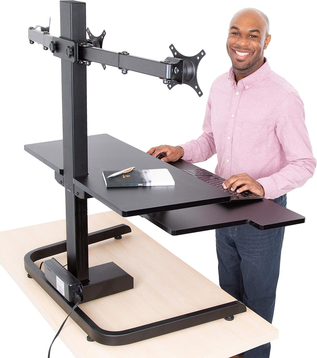 Stand Steady Techtonic Electric Standing Desk Converter wIth Triple Monitor Mount, 3 Screen Support, Quiet Sit-Stand Desk with Button Control, Keyboard Tray, Ideal for Gaming & Computer Work (Black)