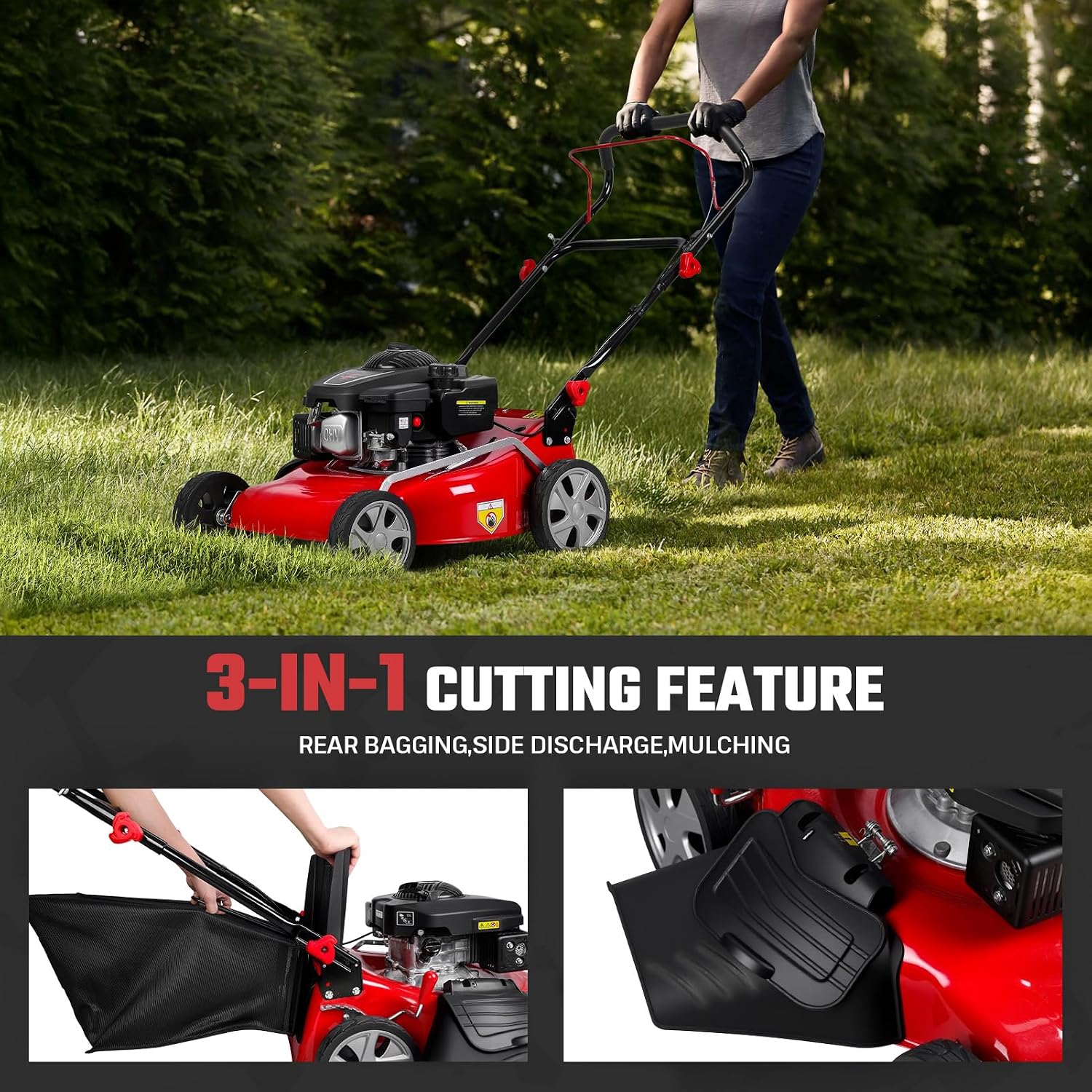 131cc 3-in-1 Self Propelled Gas Lawn Mower, Powerful Push Lawn Mower Gas with 50L Grass Bag & Big Wheels, Gas Powered Walk Behind Lawn Mowers for Large Yards, Mulching/Side Discharge/Rear Bag (Red)