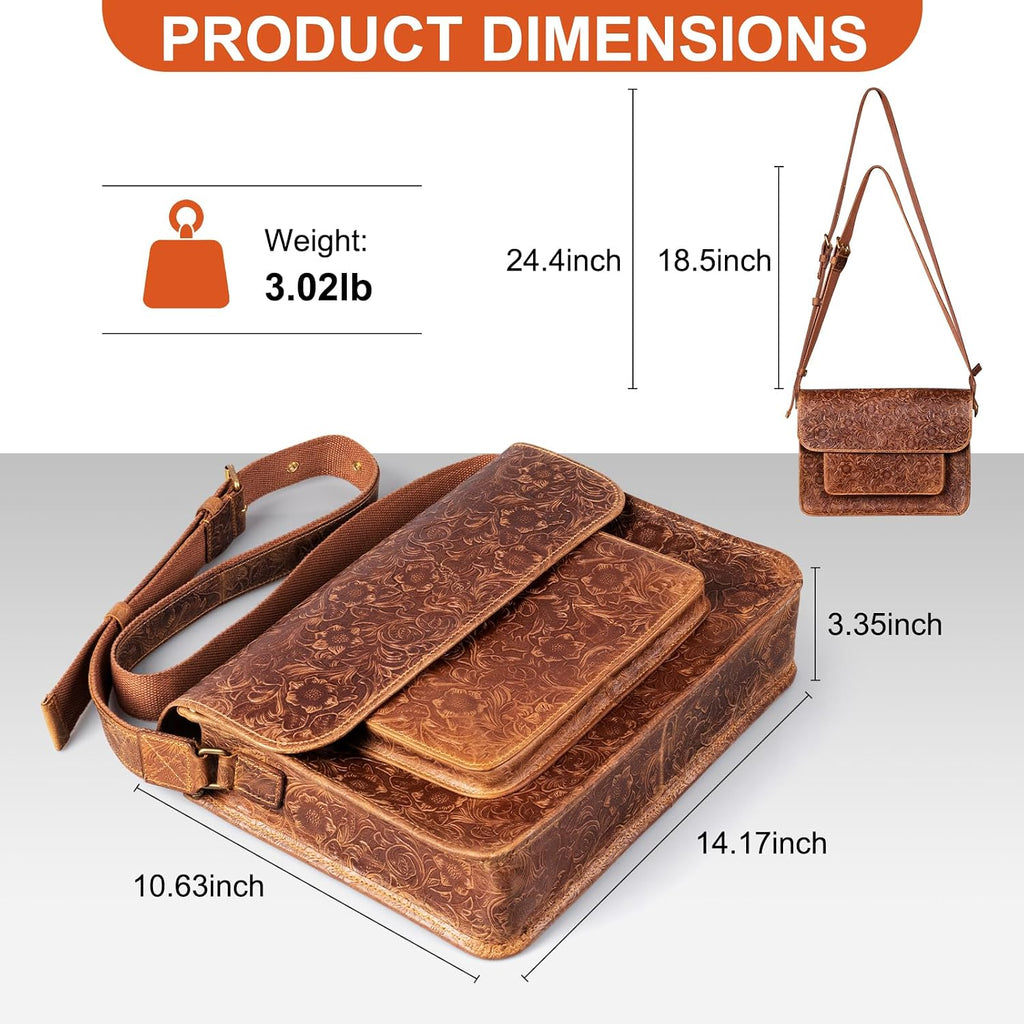 Messenger Bag 14 Inch Vintage Genuine Leather Briefcase Large Leather Computer Laptop Bag Satchel, Brown