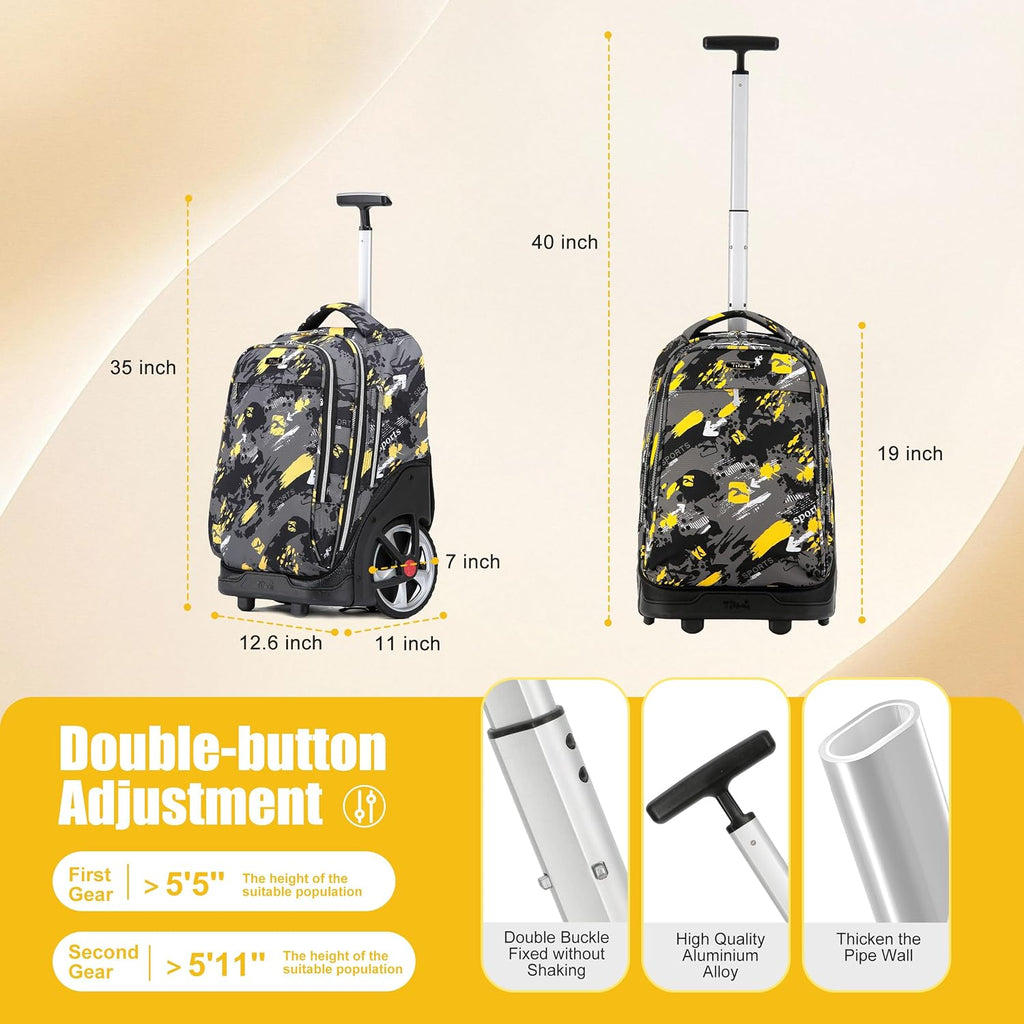 NEW TILAMI 19 Inch Rolling Backpack with Lunch Bag for Girls Boys Wheeled Laptop Backpack Durable Carry-on Bag School Travel, Doodle Yellow