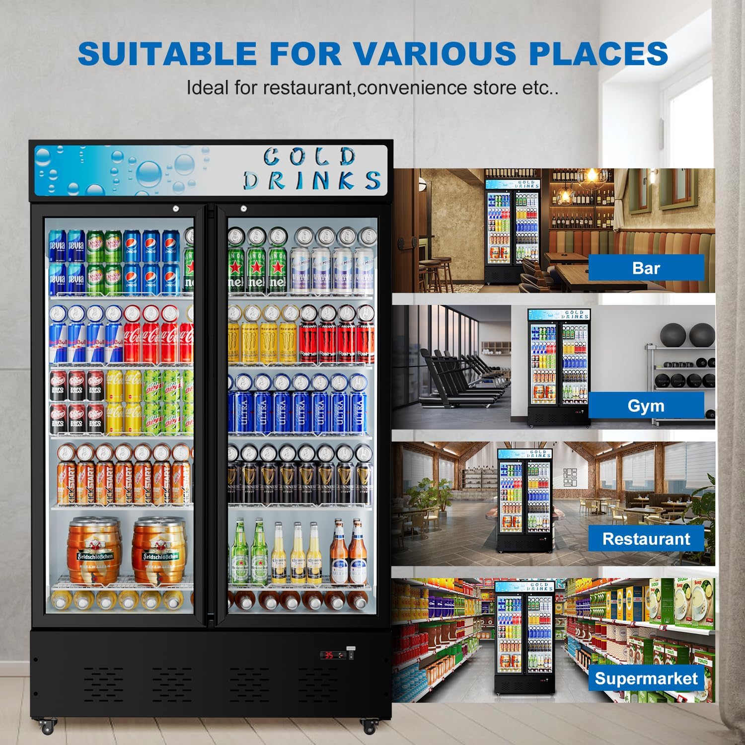 Commercial Glass Door Display Refrigerator 40 Cu.ft Cooler Commercial Display Beverage Refrigerators with LED Light and 10 Shelves for Cafe Restaurant Store Bar