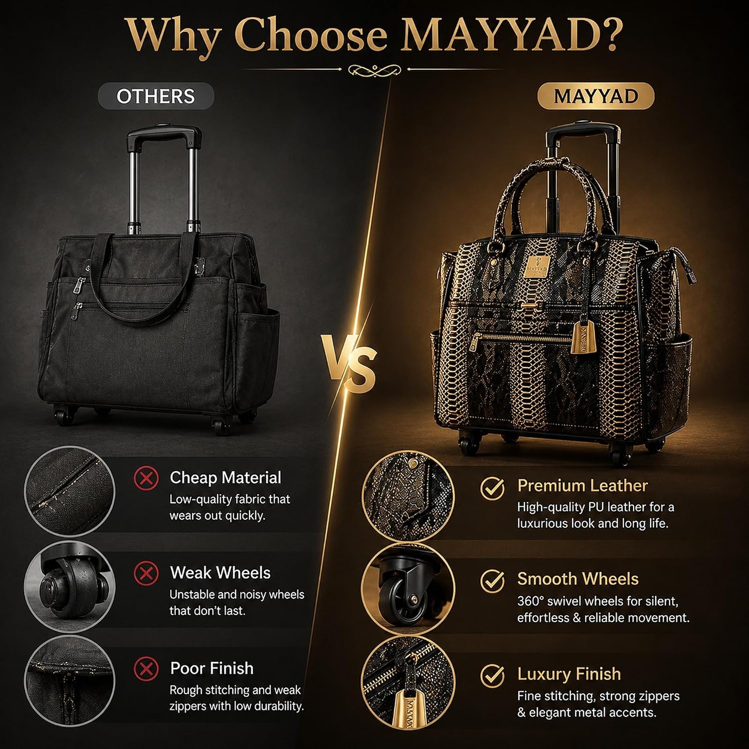 Rolling Laptop Bag for Women with Wheels & Handle Luxury Pure Leather Embossed Work Bag with Laptop Sleeve Travel Briefcase