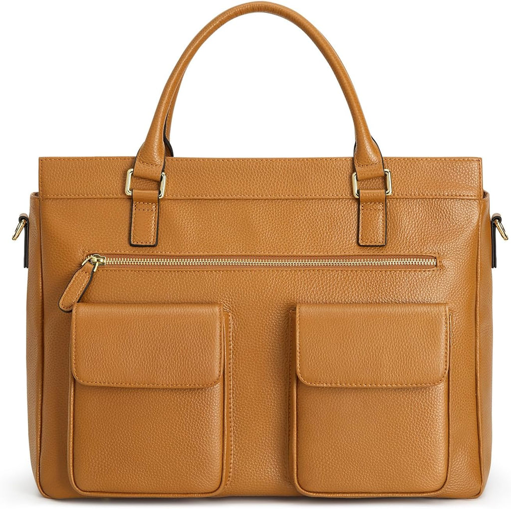 Kattee Leather Briefcase for Women, 15 Inches Laptop Bag, Work Tote with Luggage/Shoulder Strap