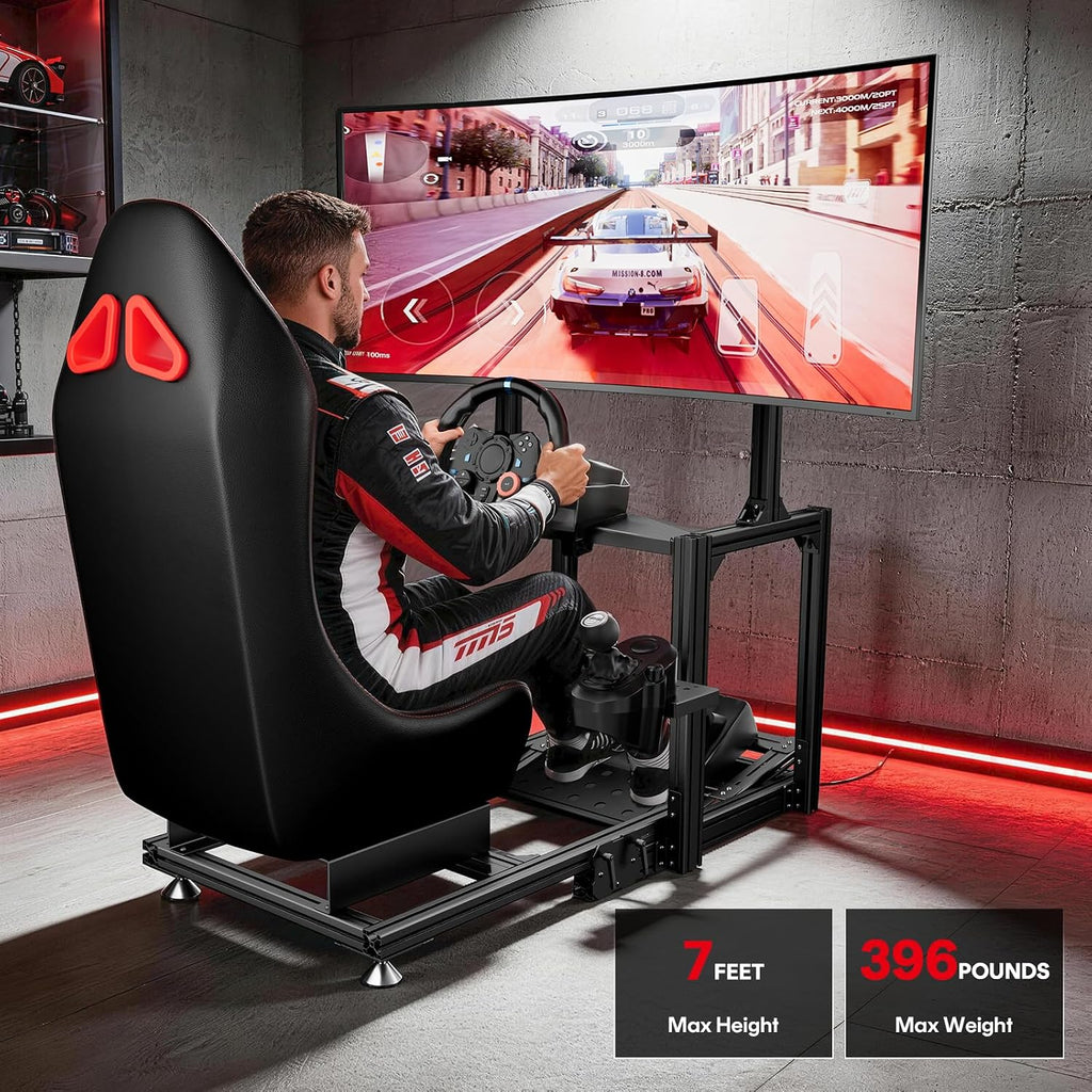 RACGTING Aluminum Racing Simulator Cockpit with TV Mount, Foldable Sim Racing Cockpit with Leather Seat, Ultra-Stable 180kg Load, Fits Logitech, Thrustmaster, Fanatec & MOZA Wheels