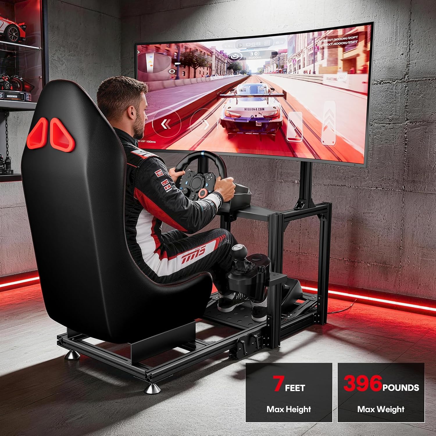 RACGTING Aluminum Racing Simulator Cockpit with TV Mount, Foldable Sim Racing Cockpit with Leather Seat, Ultra-Stable 180kg Load, Fits Logitech, Thrustmaster, Fanatec & MOZA Wheels