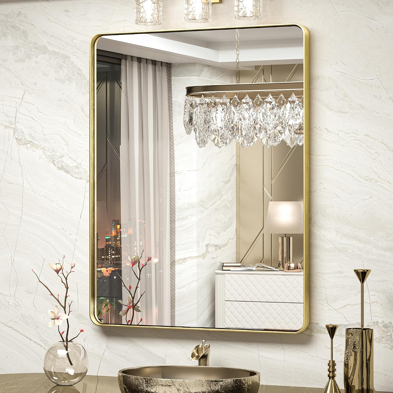 TokeShimi 28x36 Inch Gold Bathroom Mirror for Wall Metal Rounded Corner Rectangle Mirror Metal Frame Deep Set Design Hangs Horizontal Or Vertical