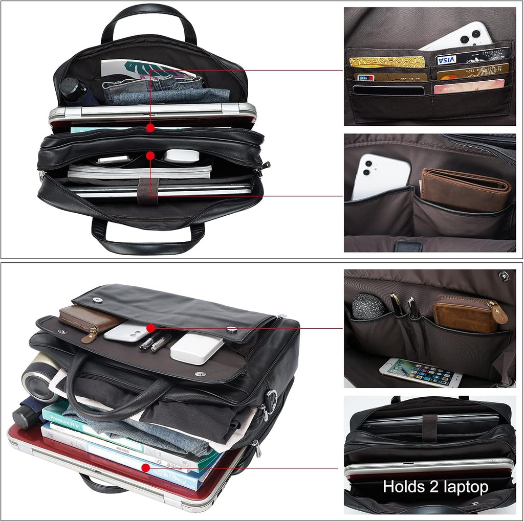 Masa Kawa Leather Briefcase for Men 15.6', 17' Laptop Computer Case Business Travel Work Messenger Cross Body Shoulder Bag