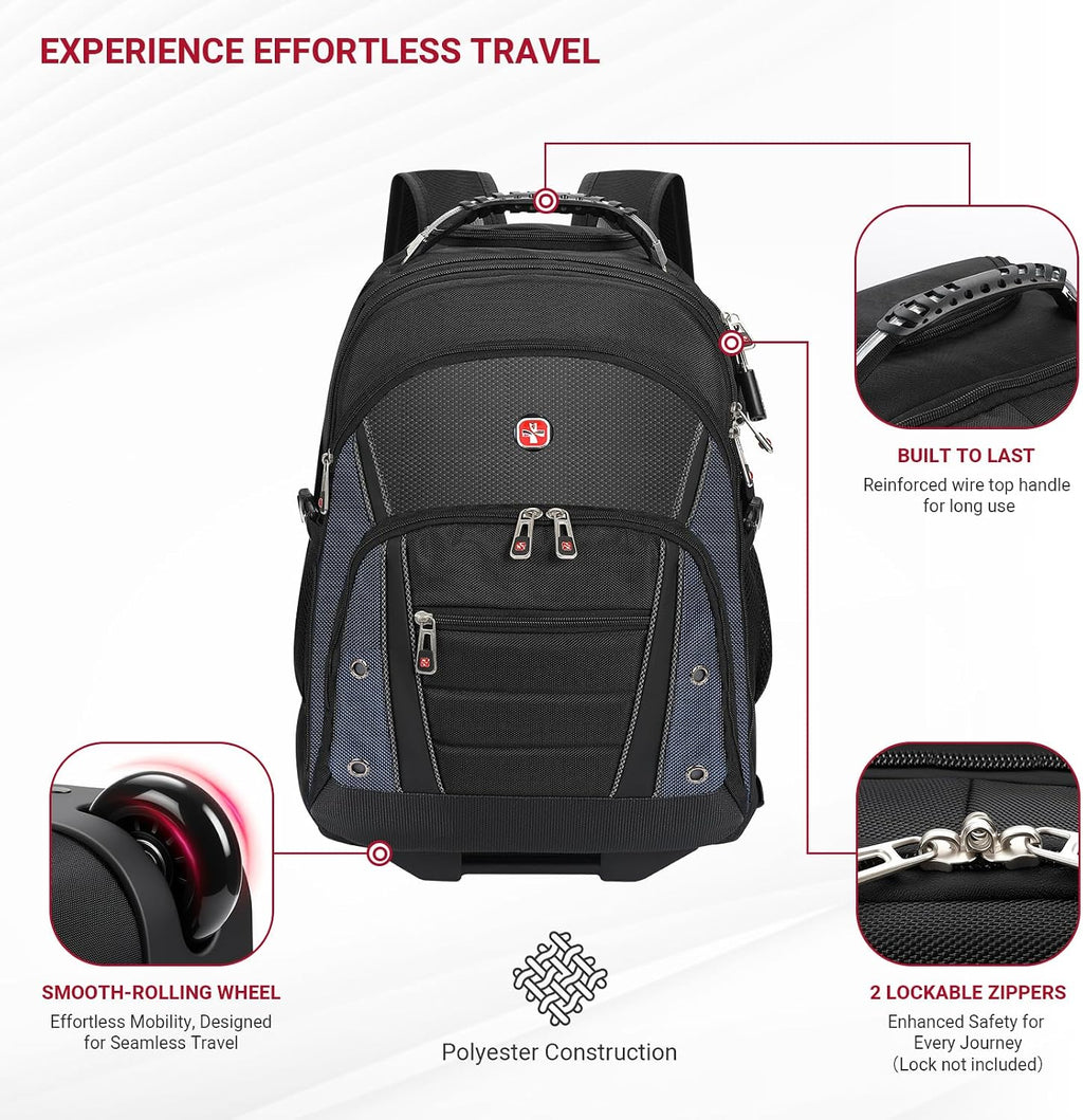 star cloud Rolling Backpack with Wheels, USB & Type-C Charging Port, 21x14x9 Water Resistant Wheeled Backpack, 17.3' Roller Laptop Backpack, Carry On Luggage for Business Travel College Work Bag