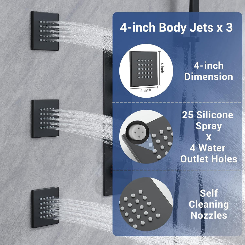 Matte Black Thermostatic Shower System with Body Jets, Ceiling 16' Rainfall Shower & Wall Mount 6-Inch Shower Head Luxury Shower Faucet Set with Handheld Spray, Dual Shower Heads Set