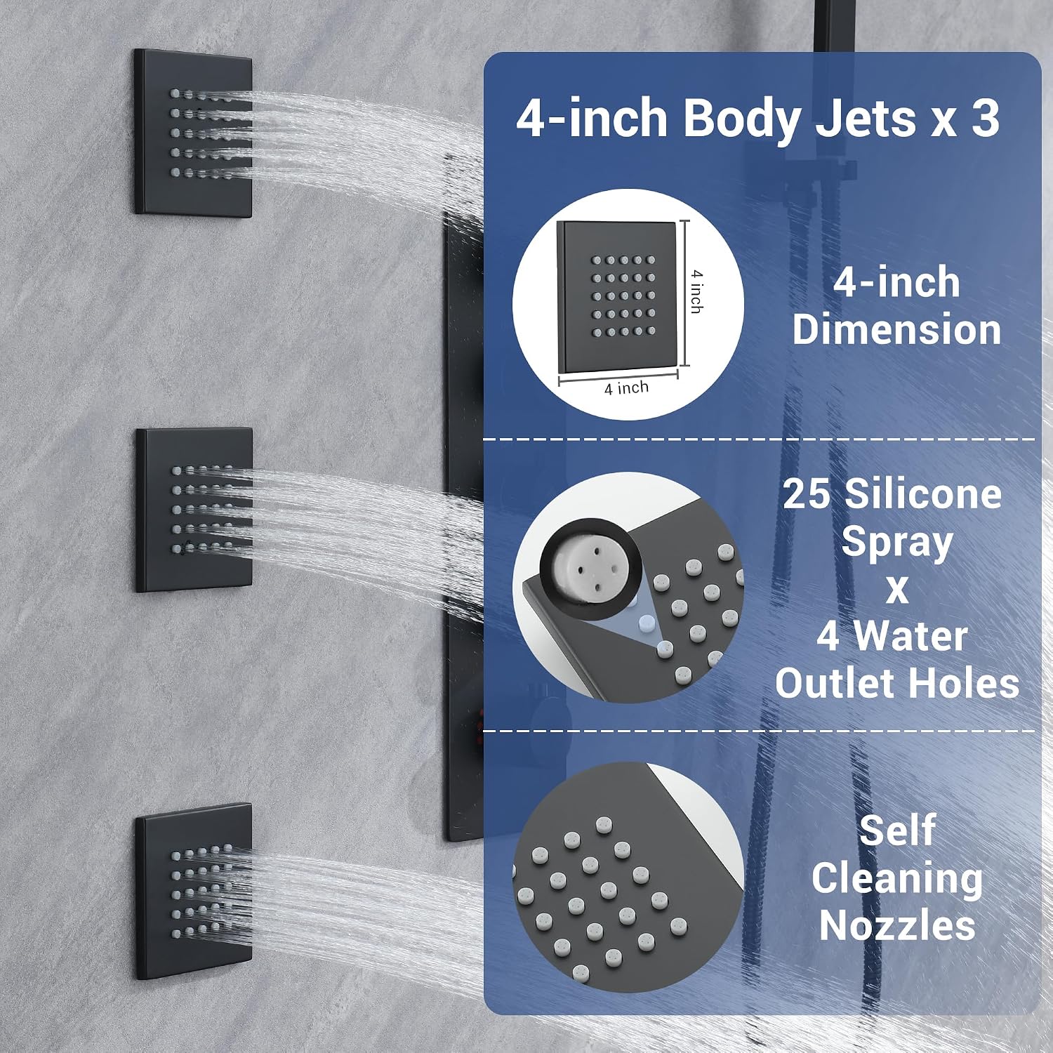 Matte Black Thermostatic Shower System with Body Jets, Ceiling 16' Rainfall Shower & Wall Mount 6-Inch Shower Head Luxury Shower Faucet Set with Handheld Spray, Dual Shower Heads Set