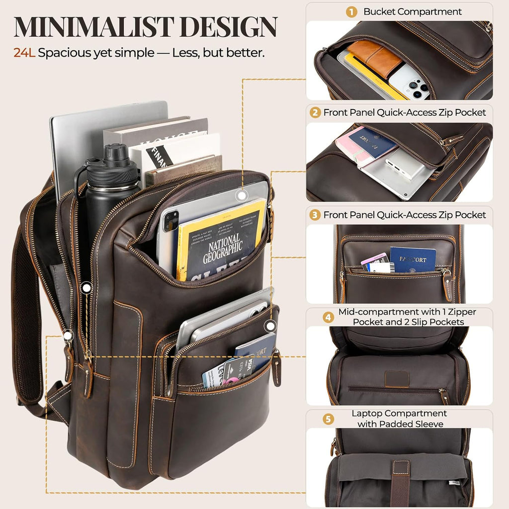 LANNSYNE Vintage Leather Backpack for Men, 16' Laptop Full Grain Leather Travel Backpack with Ergonomic Shoulder Straps, Lightweight Business Daypack Rucksack for Work Commute Hiking Camping