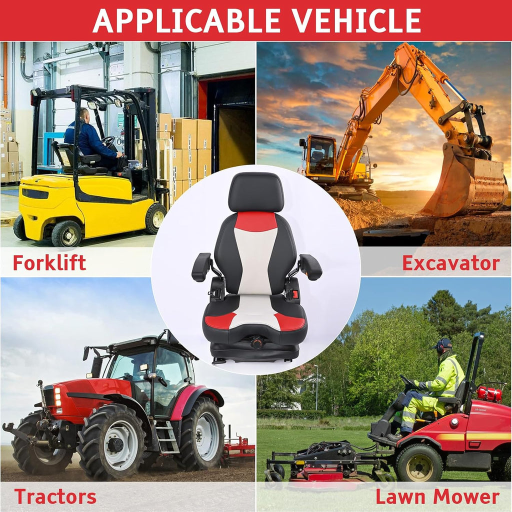 Universal Lawn Mower Seat,Highback Low Suspension Forklift Seat with Adjustable Headrest,Adjustable Armrests Shock Absorber Heavy Duty Seat for Zero Turn Mower/Excavator/Harvester/Tractor