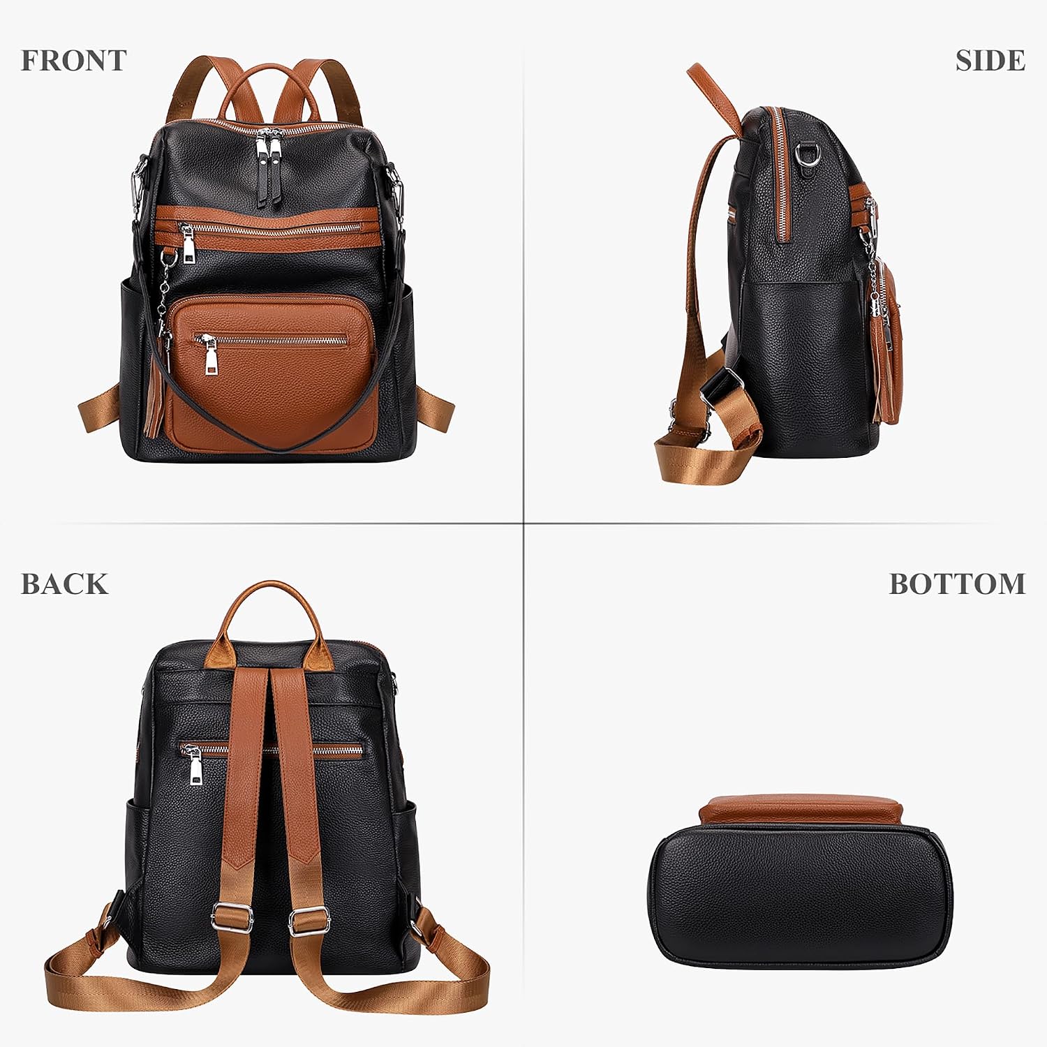 ALTOSY Genuine Leather Backpack Purse for Women Large Shoulder Bag With Laptop Compartment Multiple Pockets (S106 Black/Brown)