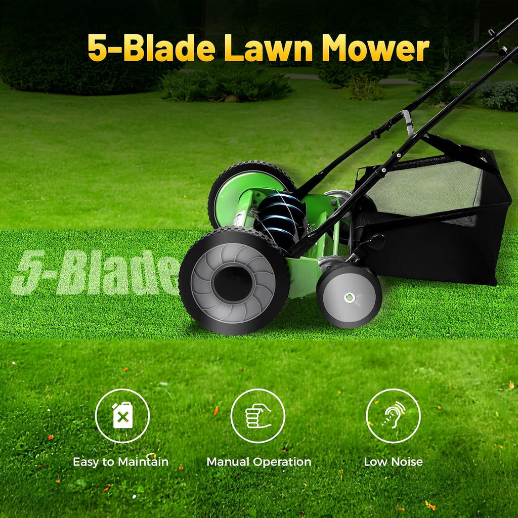 20' Push Reel Lawn Mower,5 Blades Cordless Manual Reel Lawn Mower, 1.3-2.5 Inch Adjustable Cutting Height, Manual Push Mower with Grass Catcher Bag