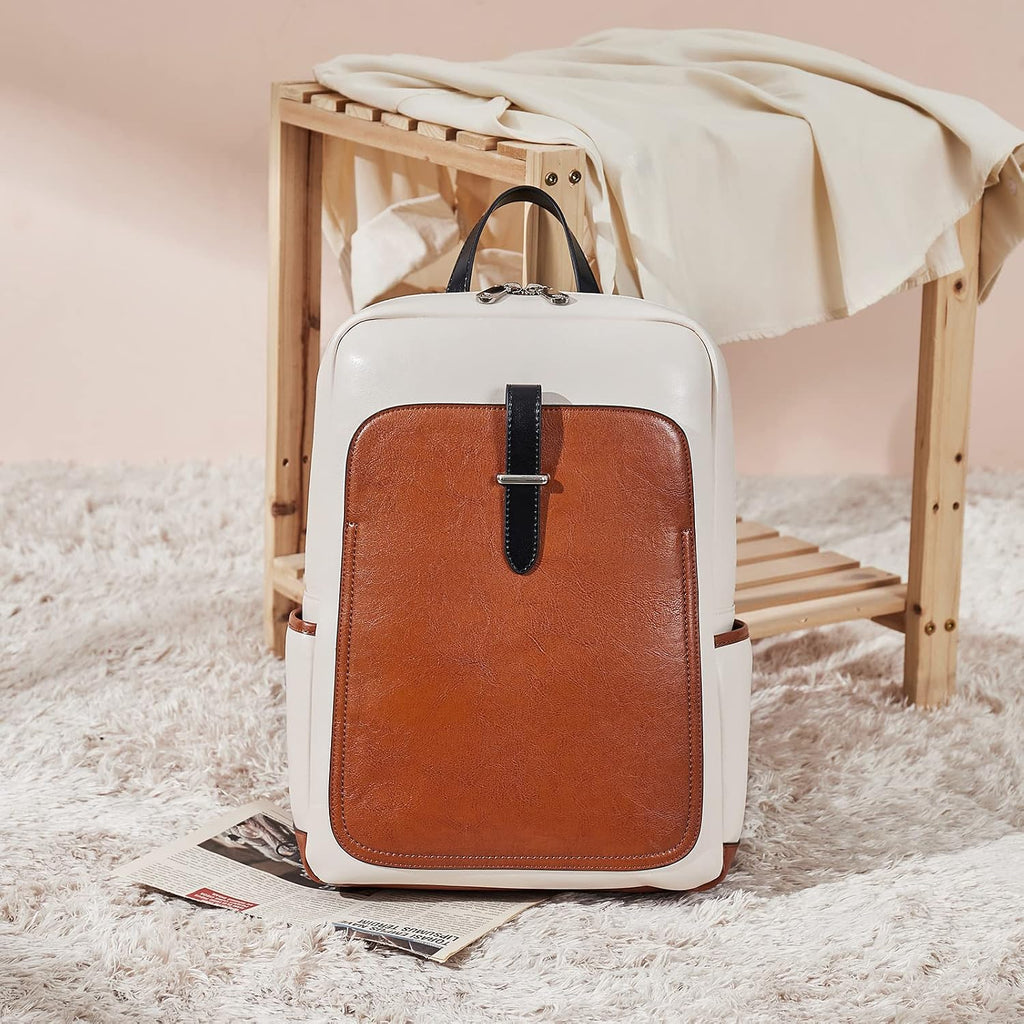 BOSTANTEN Leather Laptop Backpack for Women,15.6 inch Computer Backpack Purse College Daypack Work Travel Bag Beige-brown