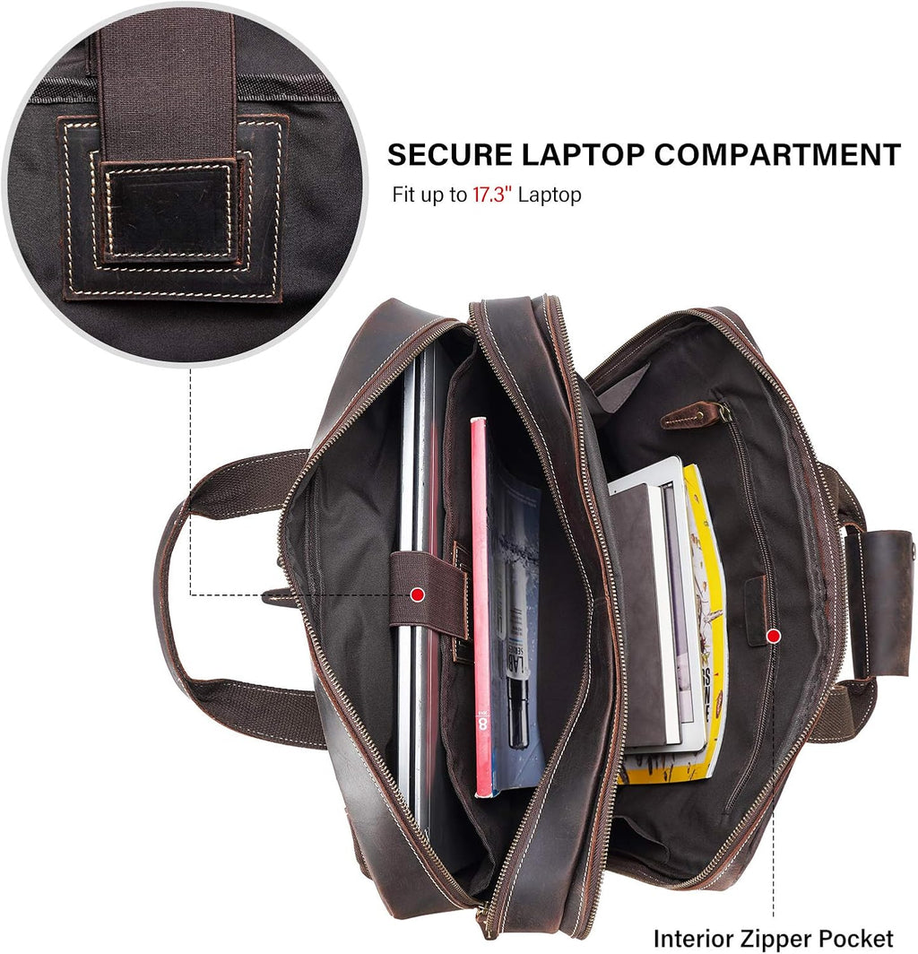Men's Solid Thick Full Grain Leather 17.3' Laptop Briefcase Classic Messenger Bag Fit Business Travel | Solid, Thick, Full Grain Leather, 17.3', Classic, Fit