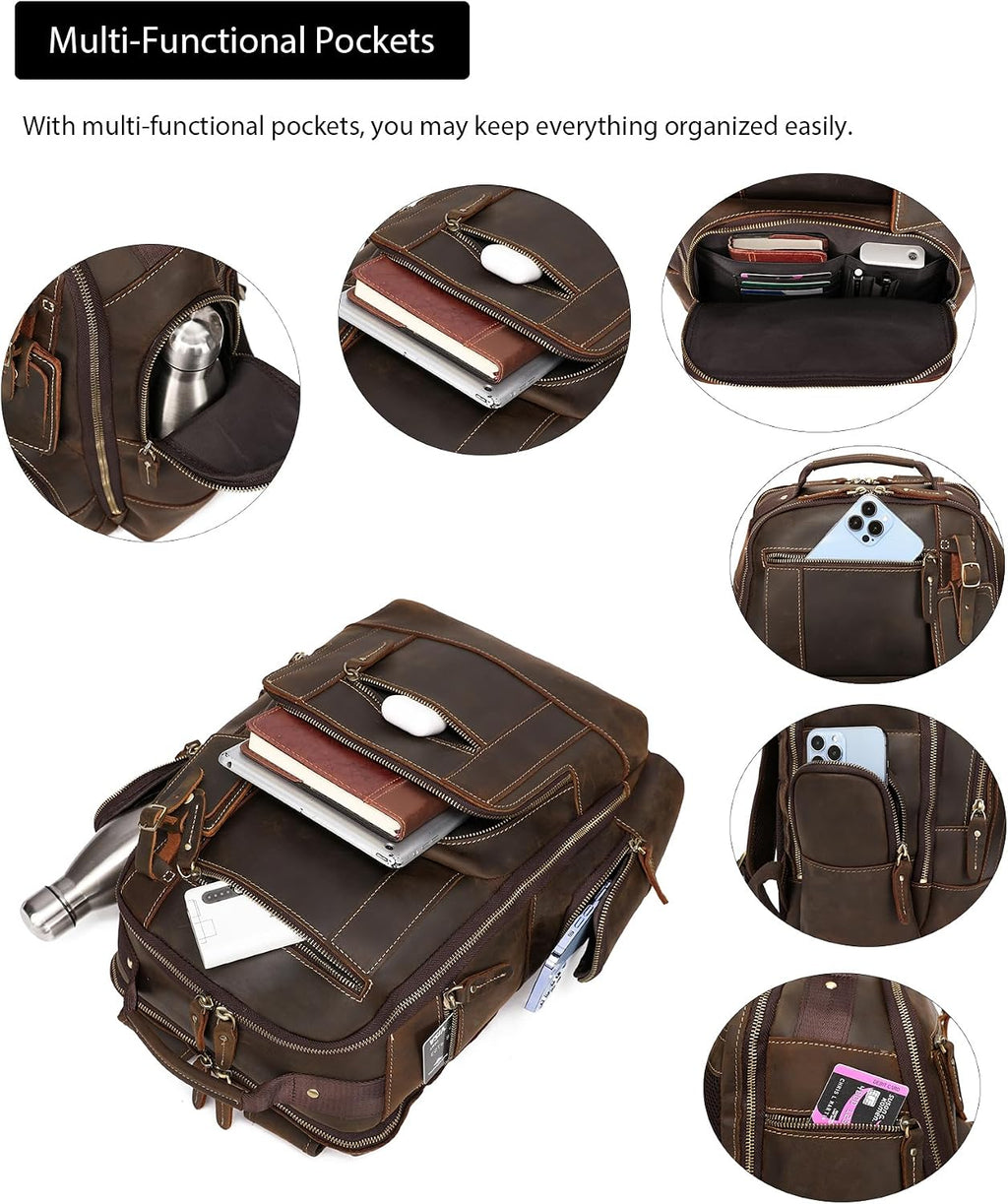 LANNSYNE Vintage Genuine Leather Backpack for men, 15.6' Laptop Backpack Travel Camping 24L Rucksack