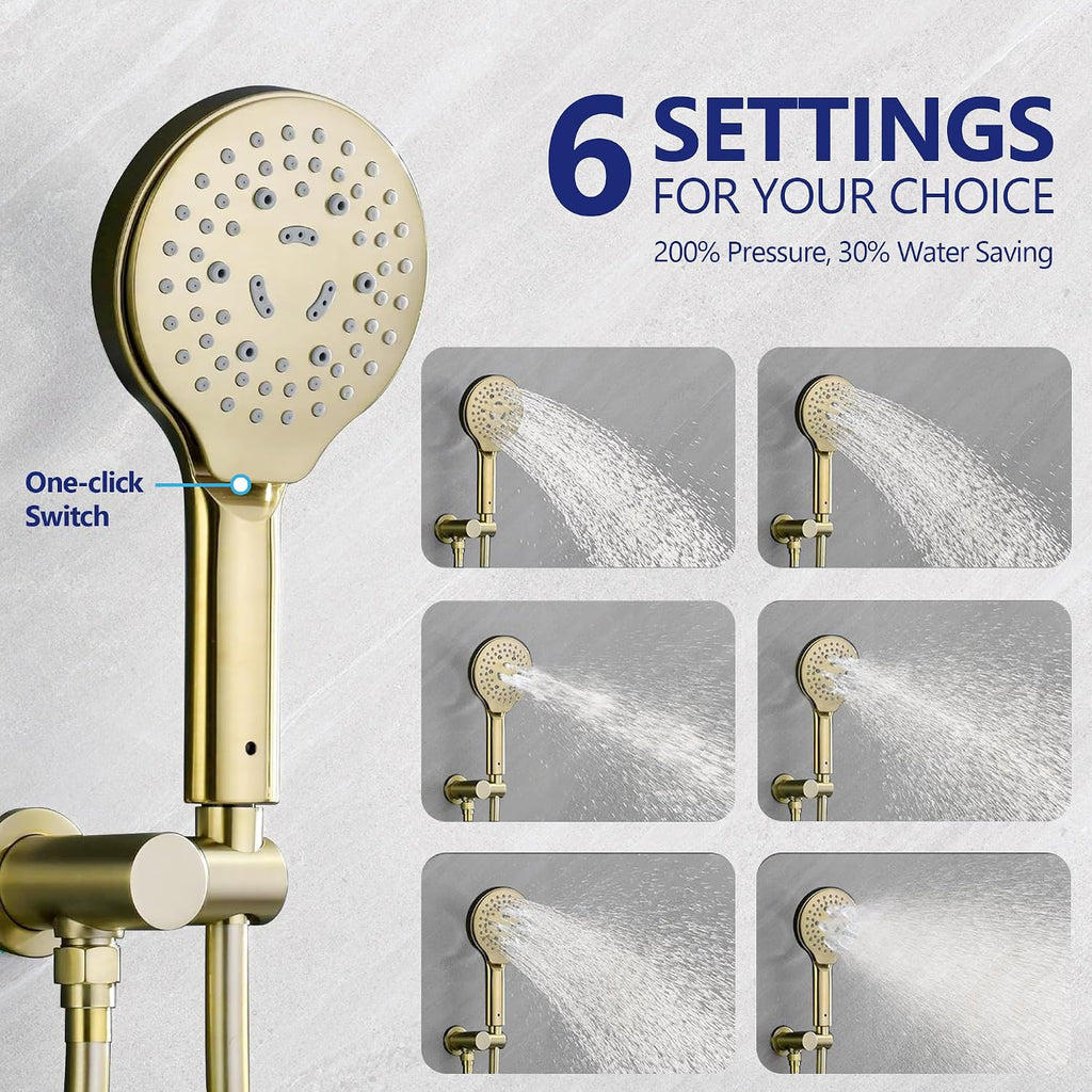 Brushed Gold Shower Faucet Set with Valve 10 Inches High Pressure Shower Head Combo Set Wall Mount Rain Shower Head System with 6 Function Handheld