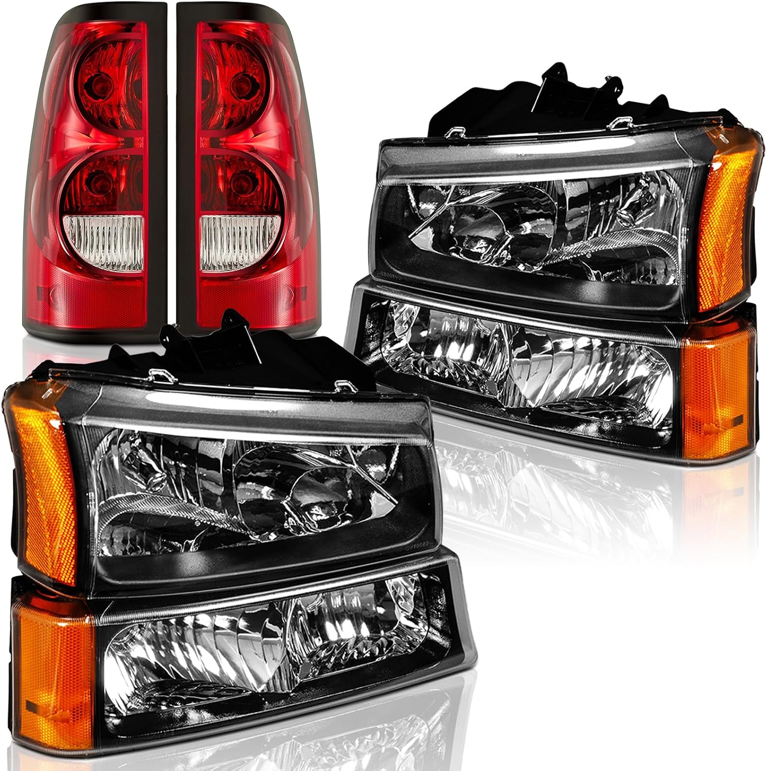 Headlights and Taillights Assembly Combo Kits for 2003-2006 Chevy Silverado 1500 2500 3500 & 2007 Chevy Silverado Classic Head Lamps/Red Rear Tail Brake Signal Lights Replacement (LH RH),Black Amber