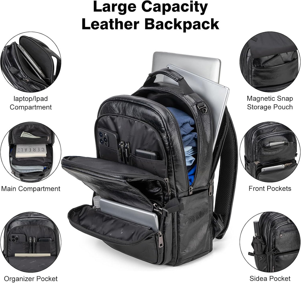 Tzowla Full Grain Genuine Leather Laptop Backpack for Men and Women,Business Work Travel Slim Daypack Fits 15.6 Inch Notebook/Computer-Black