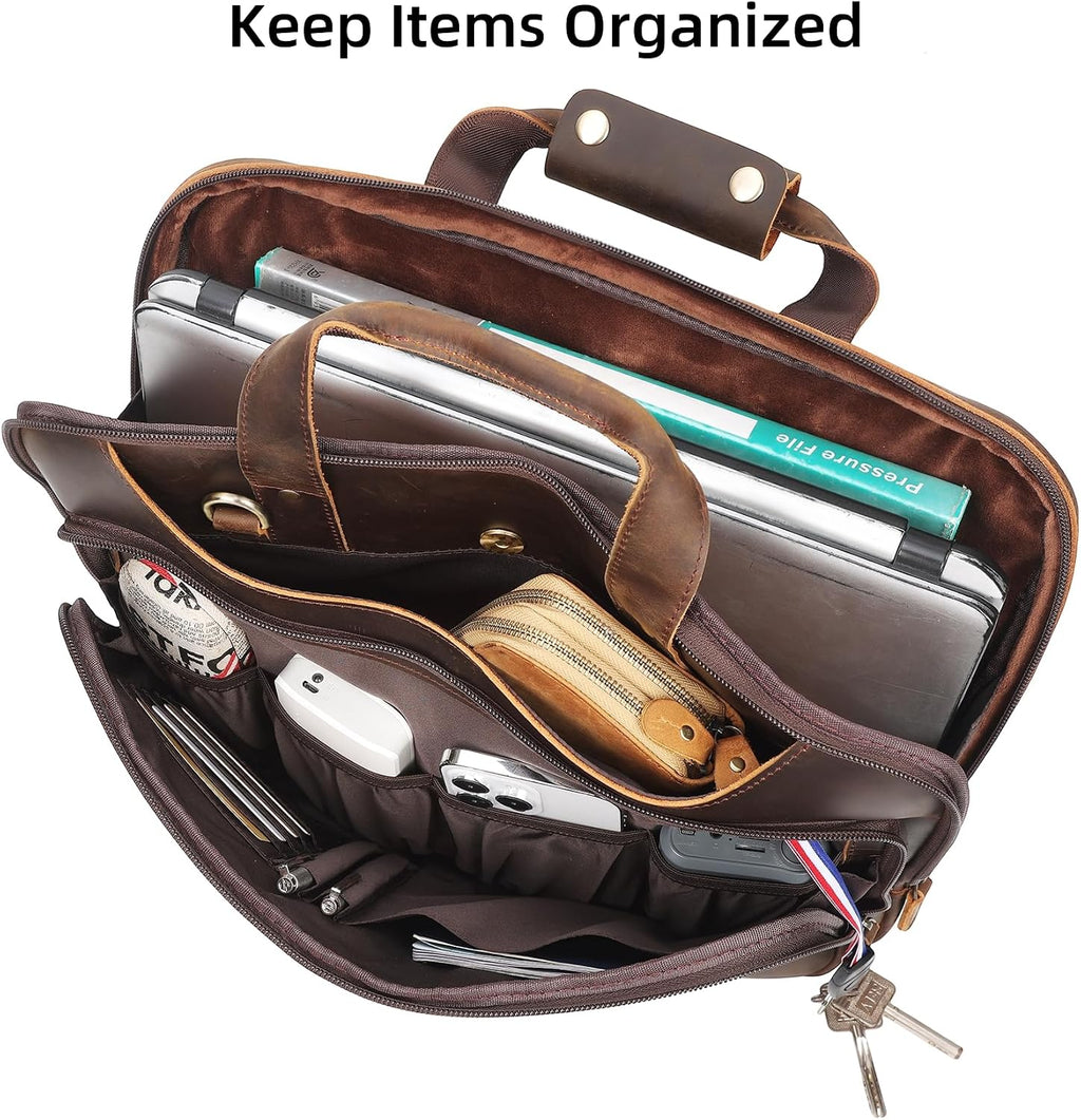 Masa Kawa Leather Laptop Briefcase for Men Fits 15.6' 16' Computer Slim Crossbody Shoulder Messenger Bag Attache Case for Business Work, Vintage Brown