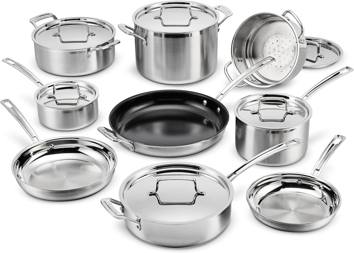 Cuisinart 15-Piece Cookware Set, MultiClad Pro Triple-Ply Stainless Steel Cookware Set, Heat Surround Technology, Cool Grip Stick Handles, Oven Safe up to 500F, MCPS-15N, Silver