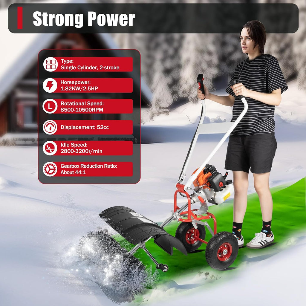52CC Walk Behind Power Sweeper Broom, 2-Stroke 2.5HP Snow Sweeper Air-Cooled Fuel Engine Snowplow Broom, Outdoor Lawn Sweeper Cleaner Tools for Lawn Leaf Snow Artificial Turf Grass Gravel Cleaning