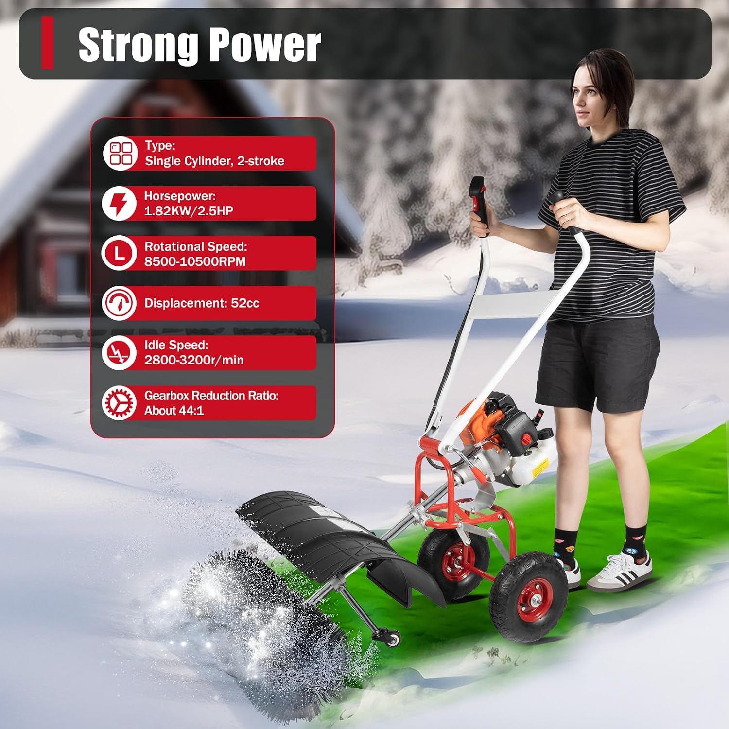 52CC Walk Behind Power Sweeper Broom, 2-Stroke 2.5HP Snow Sweeper Air-Cooled Fuel Engine Snowplow Broom, Outdoor Lawn Sweeper Cleaner Tools for Lawn Leaf Snow Artificial Turf Grass Gravel Cleaning