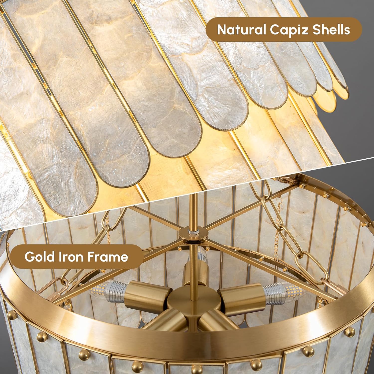 Modern 5-Light Shell Chandelier, 2-Tiered Faceted Pendant Light with Gold Metal Frame, E26 Lighting Fixture for Dining Room, Bedroom, Living Room