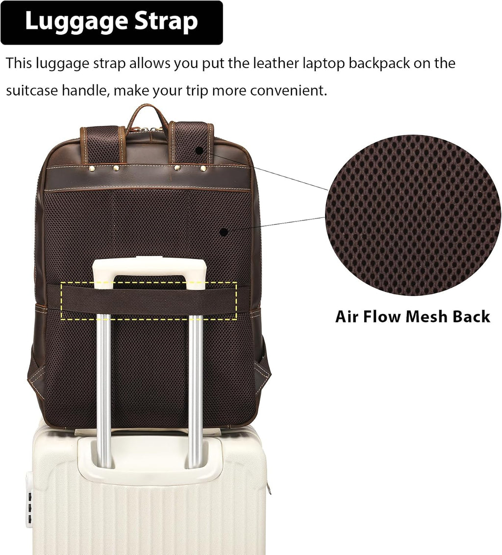LANNSYNE Full Grain Leather Backpack For Men, 17' Laptop Backpack, Casual Outdoor Business Travel Rucksack, YKK Zippers