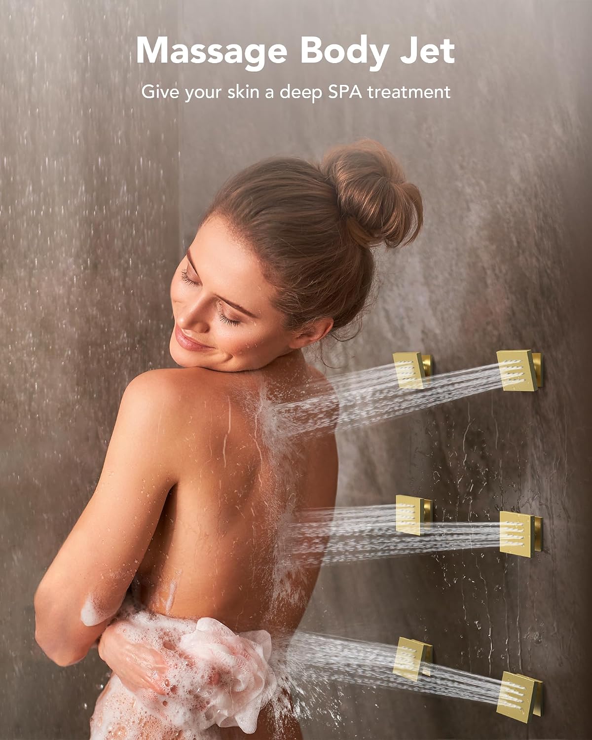 Dual Shower Heads Shower System: Aposhion Thermostatic Shower System - 16' & 6' Rainfall Shower Heads with Handheld Sprayer & 6 Body Massage Jets, Bathroom Shower Faucet Set with Valve, Brushed Gold