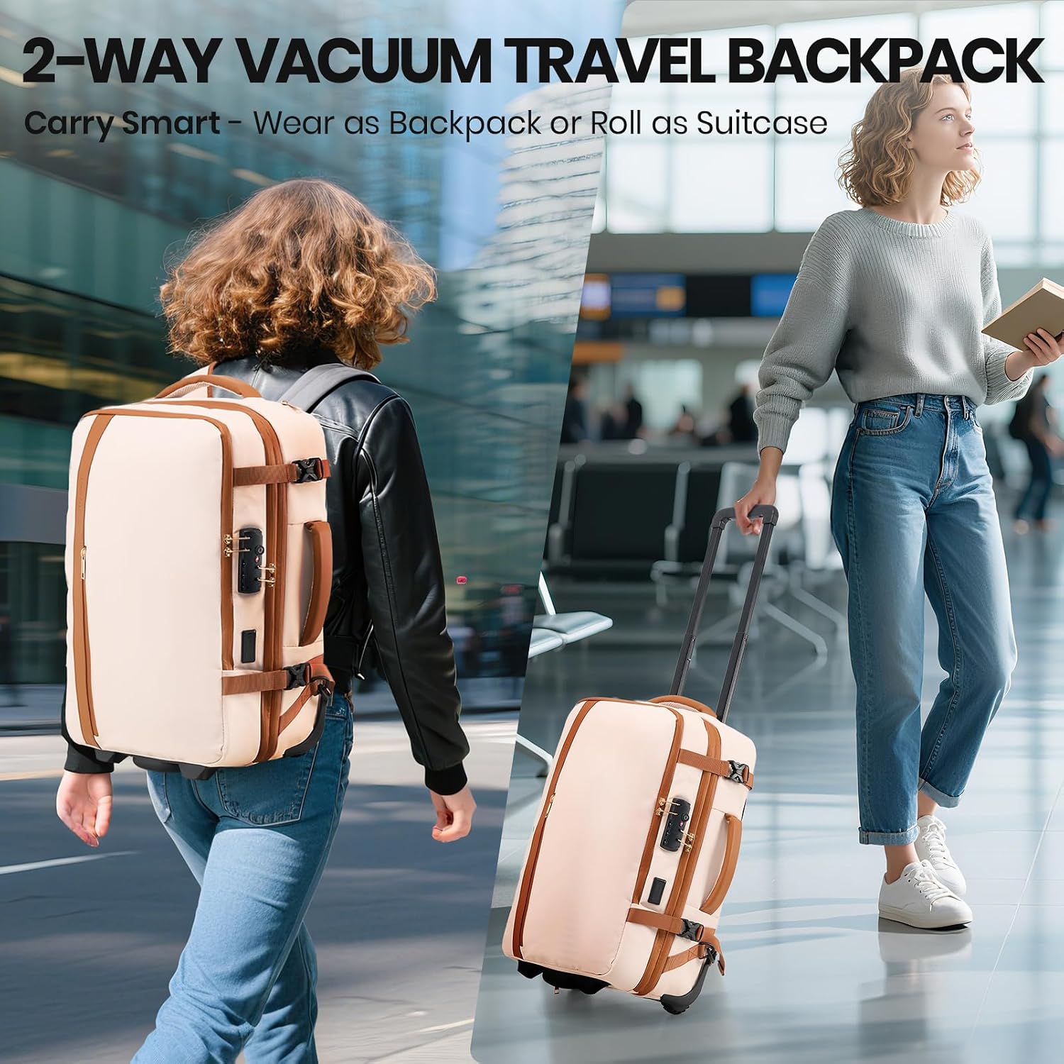 Fanwoli Vacuum Rolling Travel Backpack,Carry On Luggage with TSA Lock & Anti Theft Zipper,70L Expandable Airbag Backpack with Compression Pump,Waterproof Laptop Bag Ideal for Flight & Business,White