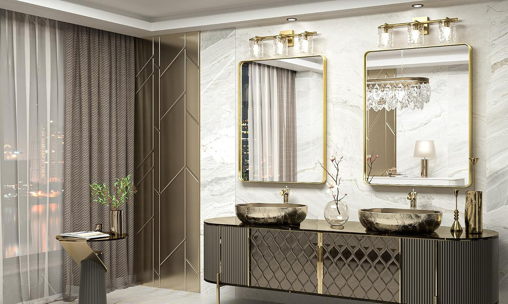 TokeShimi 28x36 Inch Gold Bathroom Mirror for Wall Metal Rounded Corner Rectangle Mirror Metal Frame Deep Set Design Hangs Horizontal Or Vertical