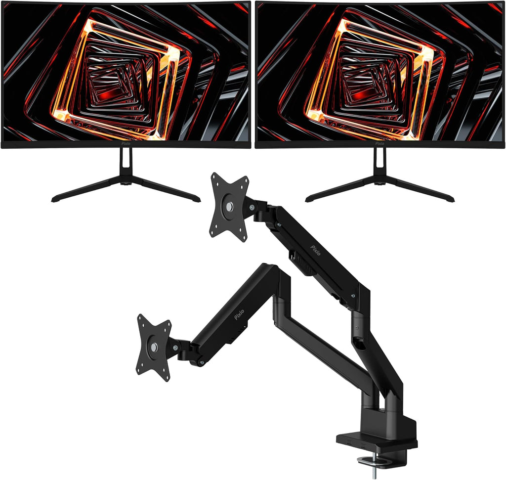 Two Pixio PXC248WAVE 24 inch 200Hz Refresh Rate FHD 1080p Resolution 1500R Curve Fast VA Panel 1ms GTG Response Time HDR Curved Gaming Monitor and PS1D Wave Black Dual Monitor Arm - Fits up to 32 inch
