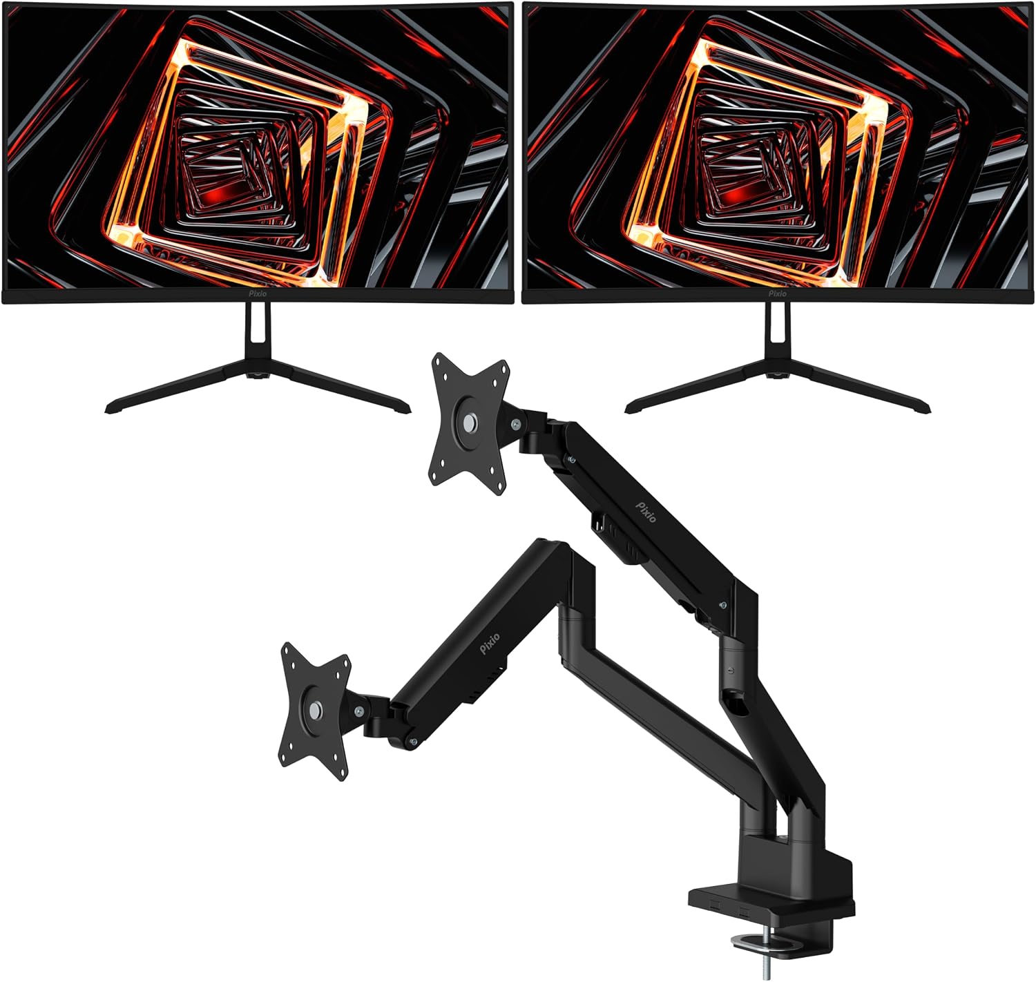 Two Pixio PXC248WAVE 24 inch 200Hz Refresh Rate FHD 1080p Resolution 1500R Curve Fast VA Panel 1ms GTG Response Time HDR Curved Gaming Monitor and PS1D Wave Black Dual Monitor Arm - Fits up to 32 inch