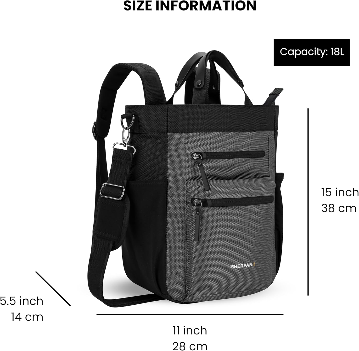 Sherpani Soleil, Anti Theft Convertible Backpack, 3 in 1 Tote, Crossbody Purse, 18L Travel Bag, RFID Protection, Fits 13' Laptop (Granite)