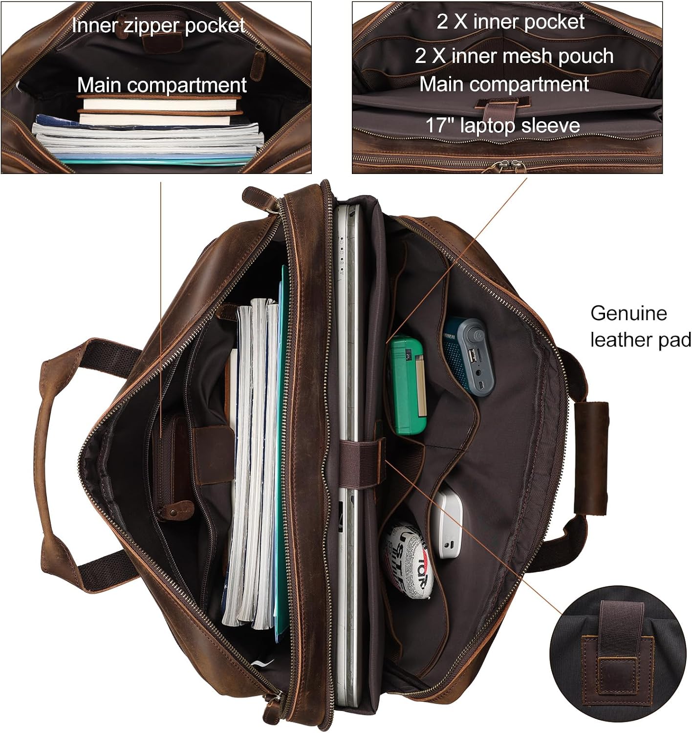 Masa Kawa Leather Briefcase for Men 17/15.6' Laptop Crossbody Shoulder Messenger Bag Business Travel Work Attache Case