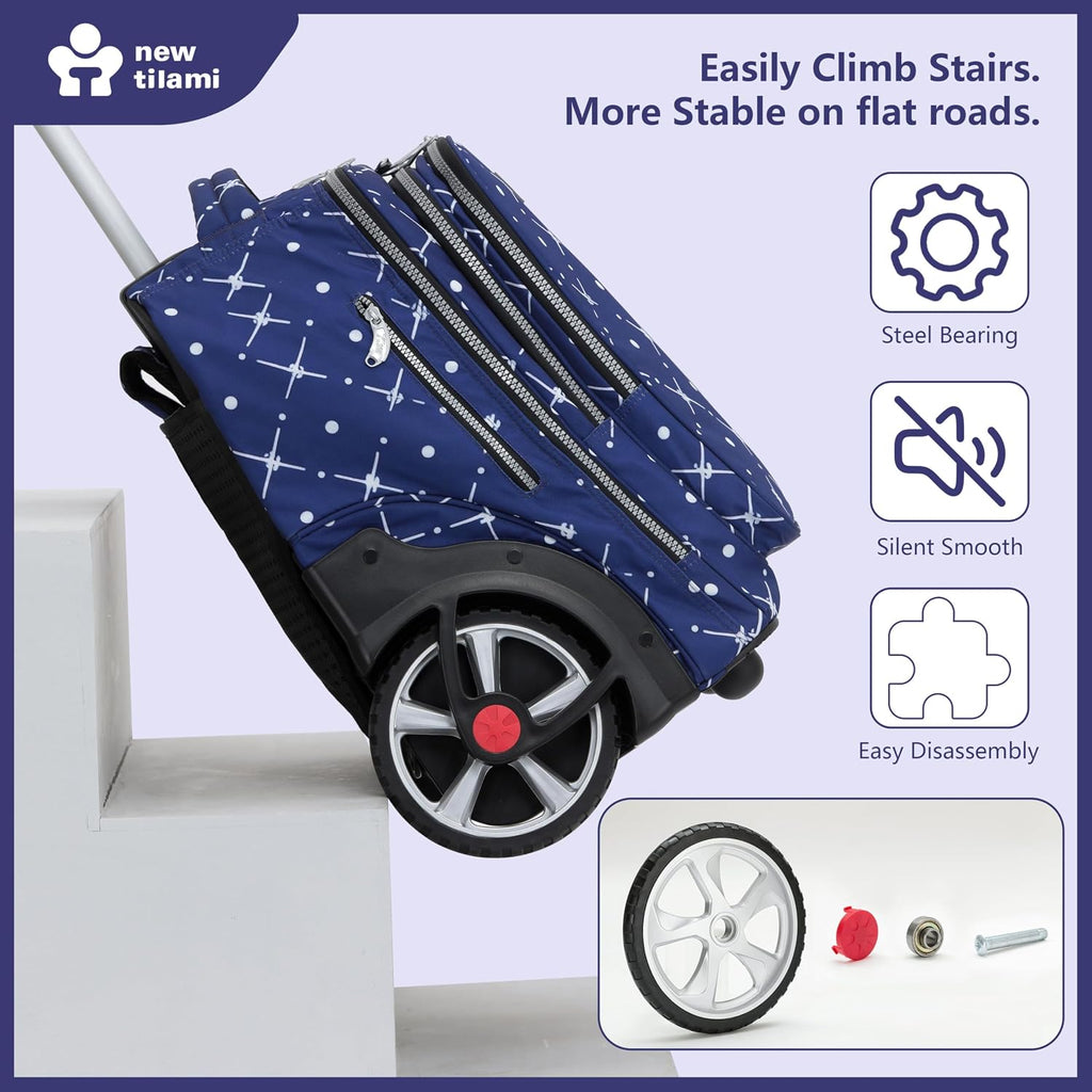 NEW TILAMI 20' Rolling Backpack for Teens Adults, Climbing Stairs Waterproof Backpack with Wheels for School Business Trave Camping with Laptop Compartment, Fit 17 Inch Laptop, Navy Bling